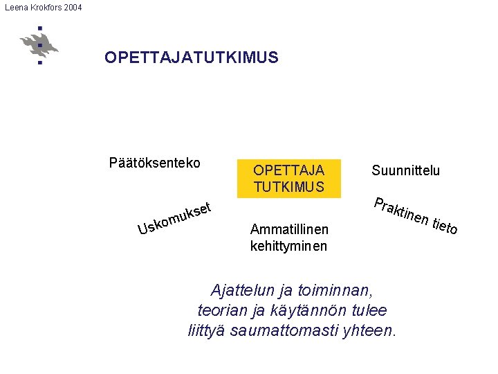 Leena Krokfors 2004 OPETTAJATUTKIMUS Päätöksenteko t kse Usk omu OPETTAJA TUTKIMUS Suunnittelu Pra ktin Leena Krokfors 2004 OPETTAJATUTKIMUS Päätöksenteko t kse Usk omu OPETTAJA TUTKIMUS Suunnittelu Pra ktin