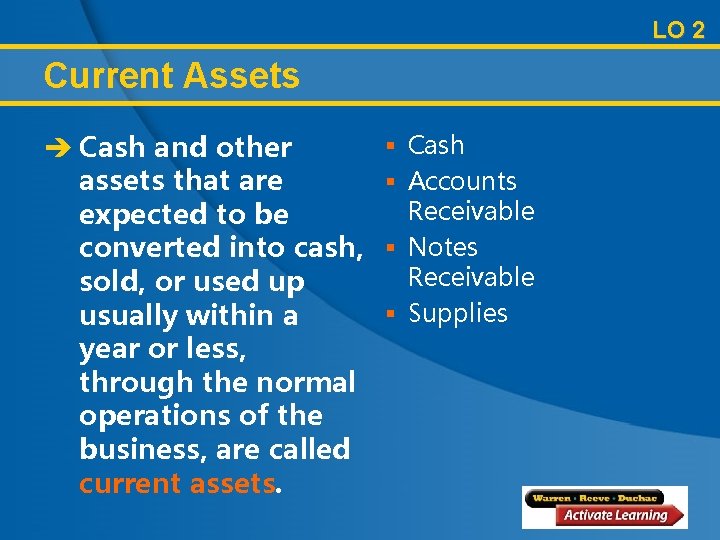 LO 2 Current Assets è Cash and other assets that are expected to be