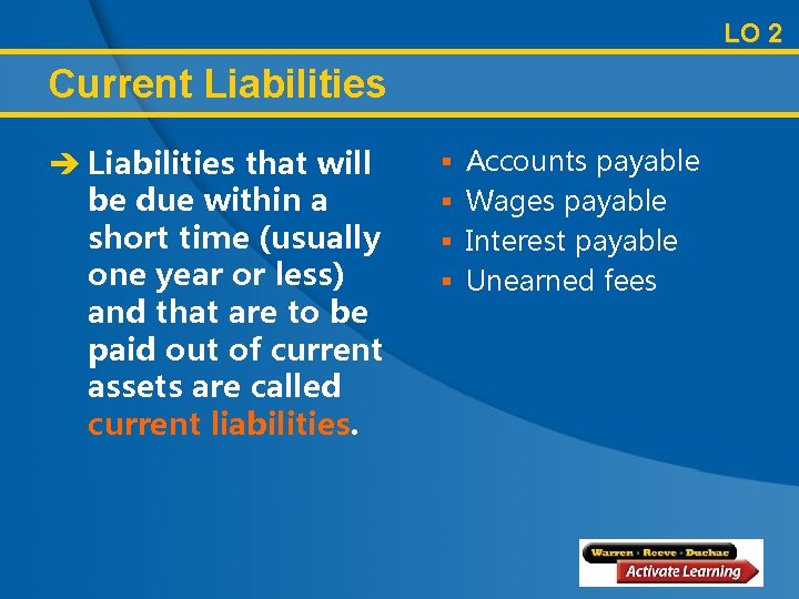 LO 2 Current Liabilities è Liabilities that will be due within a short time
