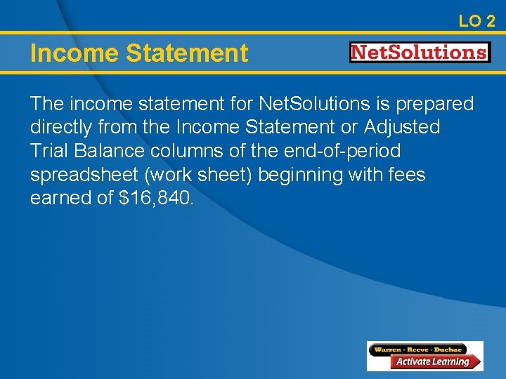 LO 2 Income Statement The income statement for Net. Solutions is prepared directly from