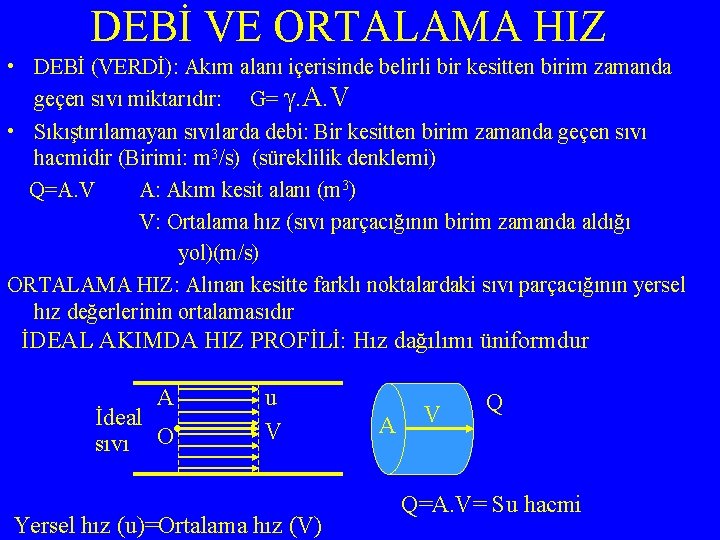 DEBİ VE ORTALAMA HIZ • DEBİ (VERDİ): Akım alanı içerisinde belirli bir kesitten birim