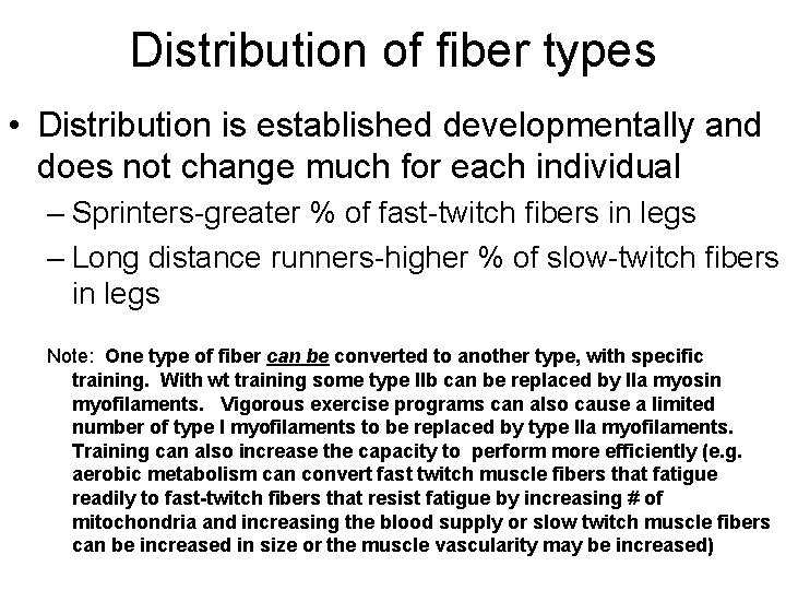 Distribution of fiber types • Distribution is established developmentally and does not change much