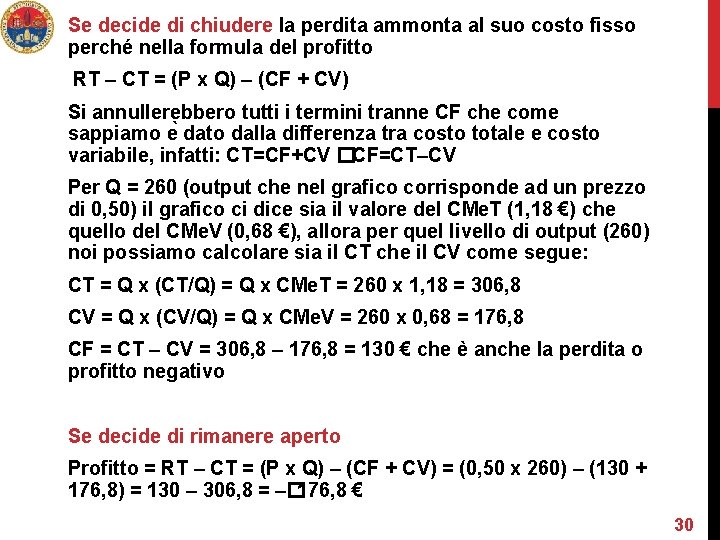 Se decide di chiudere la perdita ammonta al suo costo fisso perché nella formula