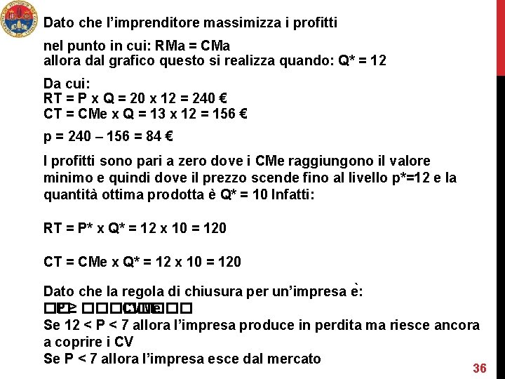 Dato che l’imprenditore massimizza i profitti nel punto in cui: RMa = CMa allora