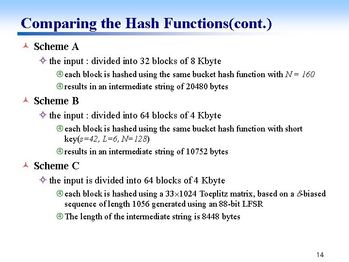 Comparing the Hash Functions(cont. ) © Scheme A ² the input : divided into