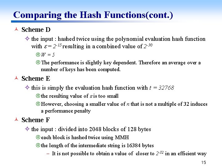 Comparing the Hash Functions(cont. ) © Scheme D ² the input : hashed twice