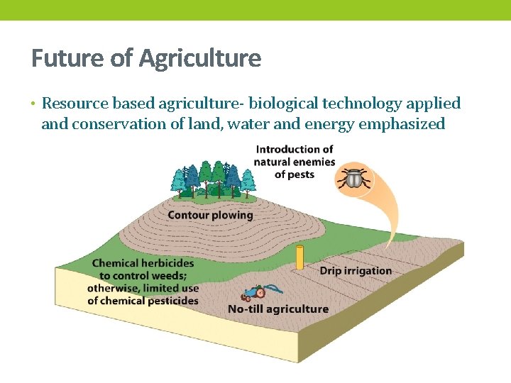 Future of Agriculture • Resource based agriculture- biological technology applied and conservation of land,
