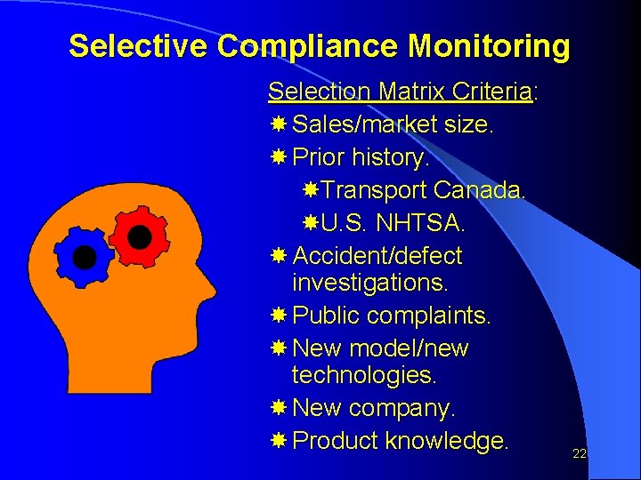 Selective Compliance Monitoring Selection Matrix Criteria: Sales/market size. Prior history. Transport Canada. U. S.