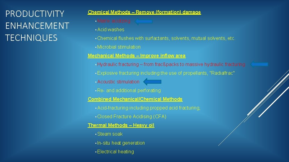 PRODUCTIVITY ENHANCEMENT TECHNIQUES Chemical Methods – Remove (formation) damage • Matrix • Acid acidizing