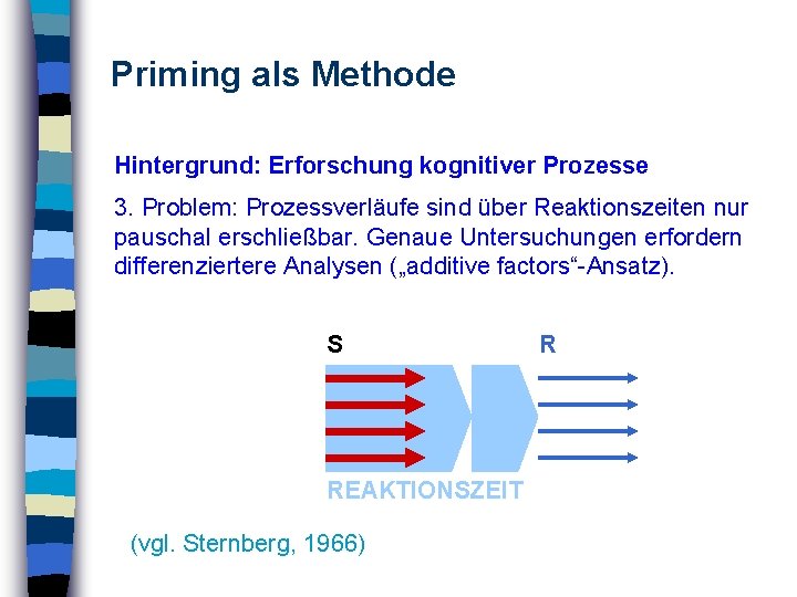 Priming als Methode Hintergrund: Erforschung kognitiver Prozesse 3. Problem: Prozessverläufe sind über Reaktionszeiten nur