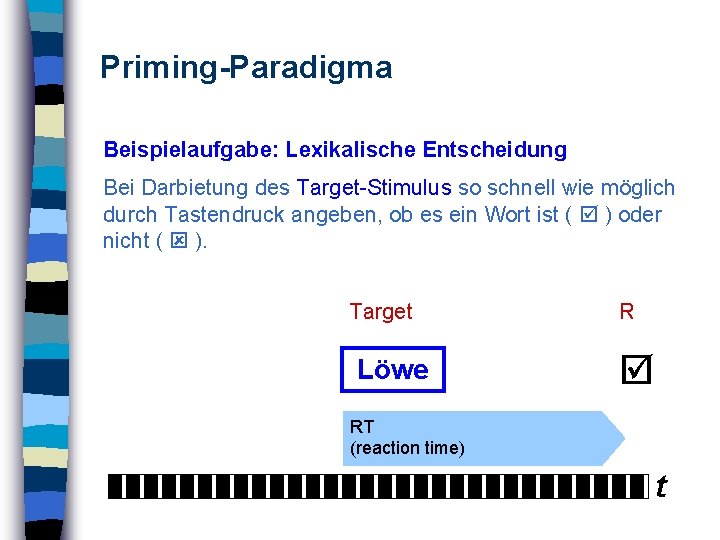 Priming-Paradigma Beispielaufgabe: Lexikalische Entscheidung Bei Darbietung des Target-Stimulus so schnell wie möglich durch Tastendruck