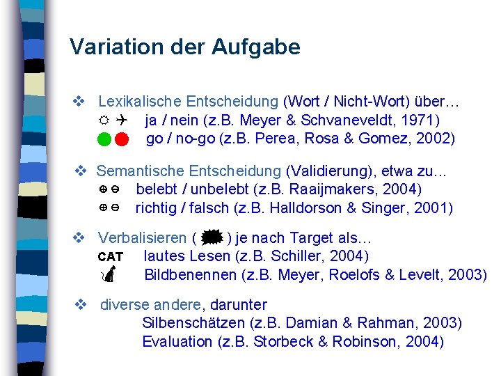 Variation der Aufgabe Lexikalische Entscheidung (Wort / Nicht-Wort) über… ja / nein (z. B.