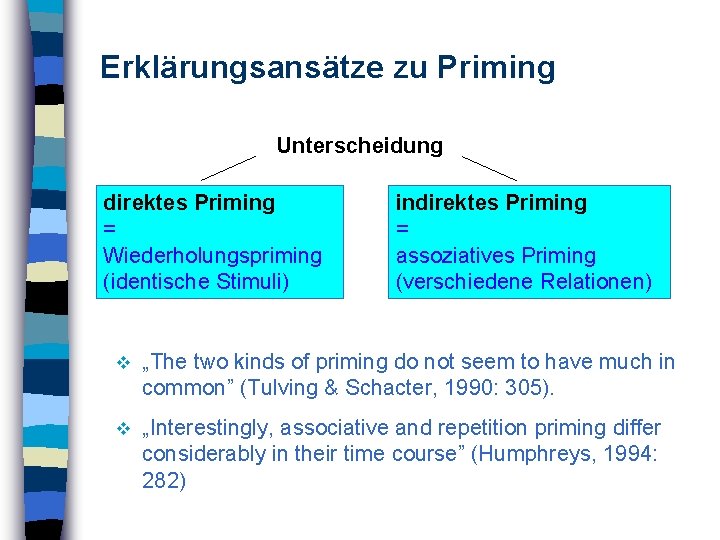Erklärungsansätze zu Priming Unterscheidung direktes Priming = Wiederholungspriming (identische Stimuli) indirektes Priming = assoziatives