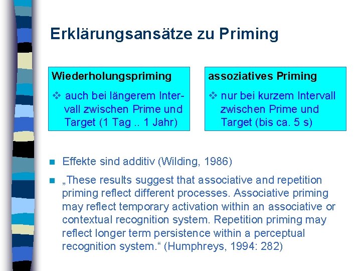 Erklärungsansätze zu Priming Wiederholungspriming assoziatives Priming auch bei längerem Intervall zwischen Prime und Target