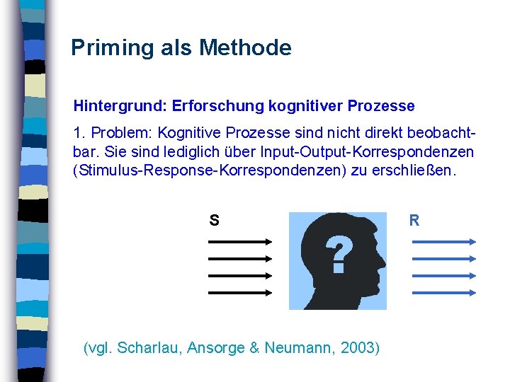 Priming als Methode Hintergrund: Erforschung kognitiver Prozesse 1. Problem: Kognitive Prozesse sind nicht direkt