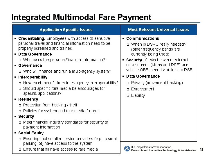 Integrated Multimodal Fare Payment Application Specific Issues Most Relevant Universal Issues § Credentialing. Employees