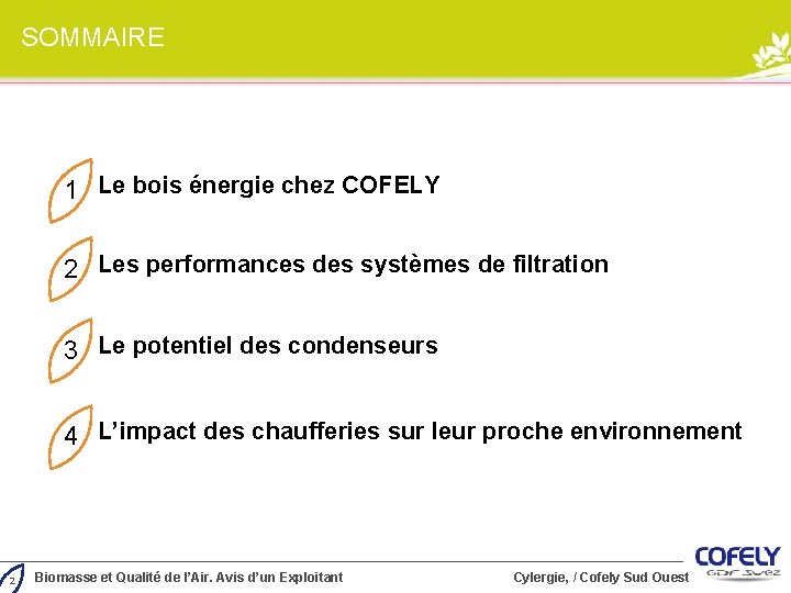 SOMMAIRE 1 1 Le bois énergie chez COFELY 2 Les performances des systèmes de SOMMAIRE 1 1 Le bois énergie chez COFELY 2 Les performances des systèmes de