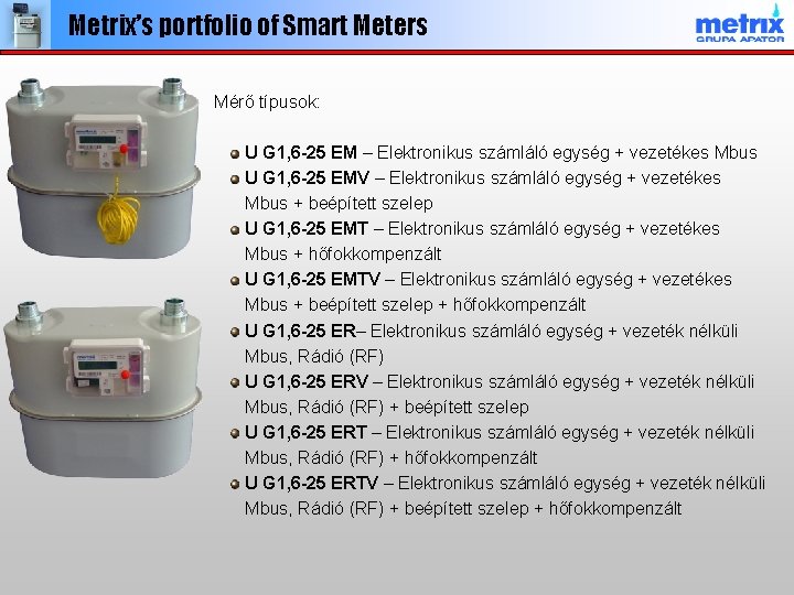 Metrix’s portfolio of Smart Meters Mérő típusok: U G 1, 6 -25 EM –