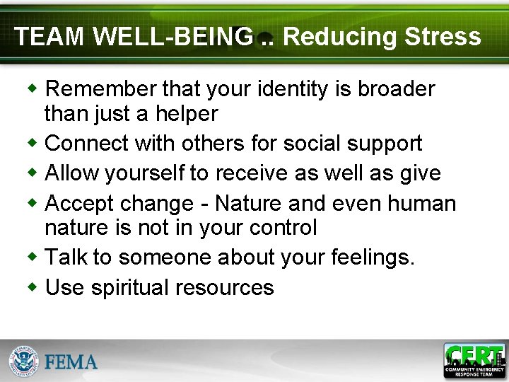 TEAM WELL-BEING. . Reducing Stress w Remember that your identity is broader than just