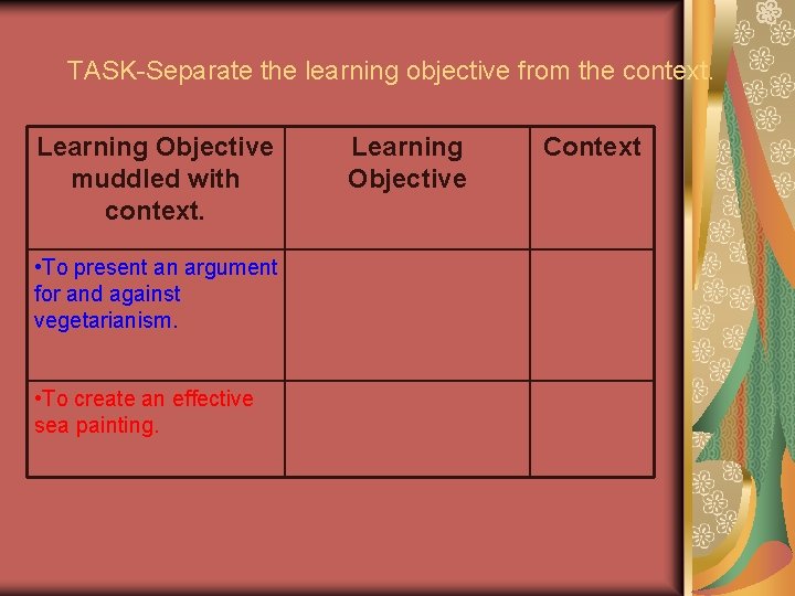 TASK-Separate the learning objective from the context. Learning Objective muddled with context. • To