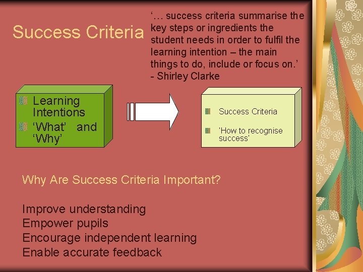 Success Criteria ‘… success criteria summarise the key steps or ingredients the student needs