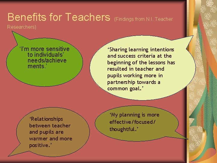 Benefits for Teachers (Findings from N. I. Teacher Researchers) ‘I’m more sensitive to individuals’
