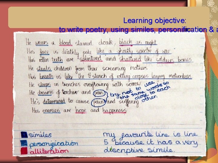 Learning objective: to write poetry, using similes, personification & a 