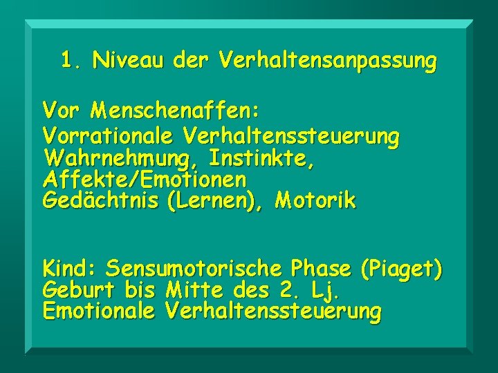 1. Niveau der Verhaltensanpassung Vor Menschenaffen: Vorrationale Verhaltenssteuerung Wahrnehmung, Instinkte, Affekte/Emotionen Gedächtnis (Lernen), Motorik