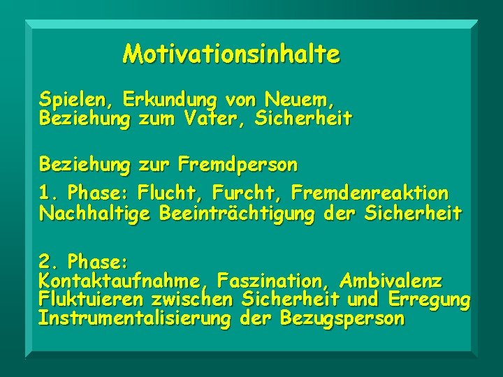 Motivationsinhalte Spielen, Erkundung von Neuem, Beziehung zum Vater, Sicherheit Beziehung zur Fremdperson 1. Phase: