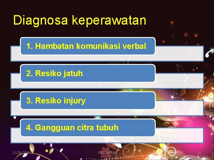 Diagnosa keperawatan 1. Hambatan komunikasi verbal 2. Resiko jatuh 3. Resiko injury 4. Gangguan