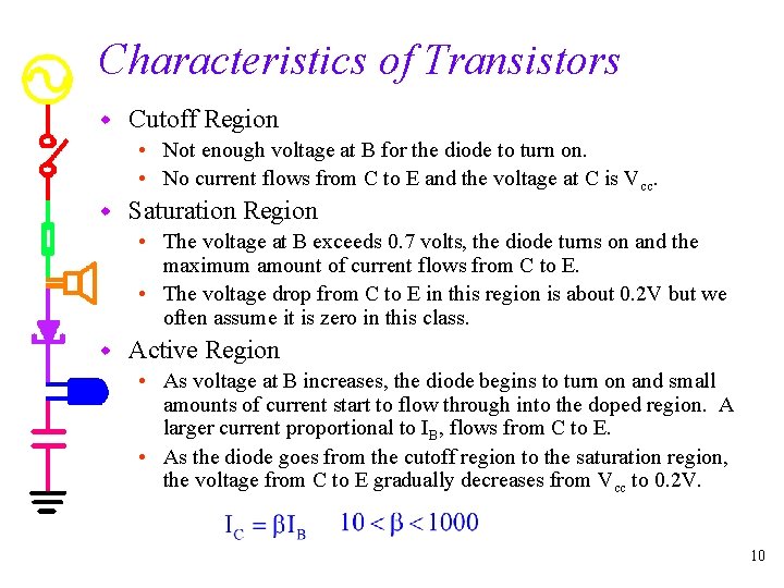 Characteristics of Transistors w Cutoff Region • Not enough voltage at B for the