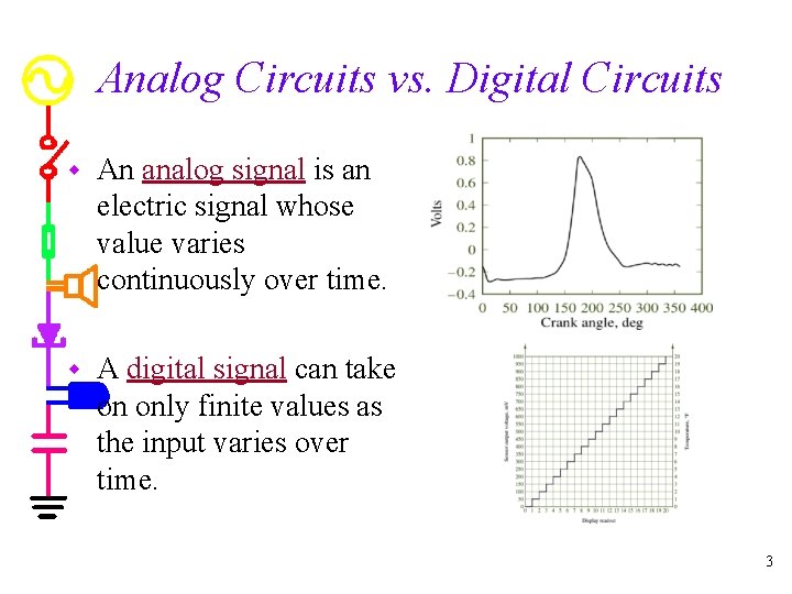 Analog Circuits vs. Digital Circuits w An analog signal is an electric signal whose
