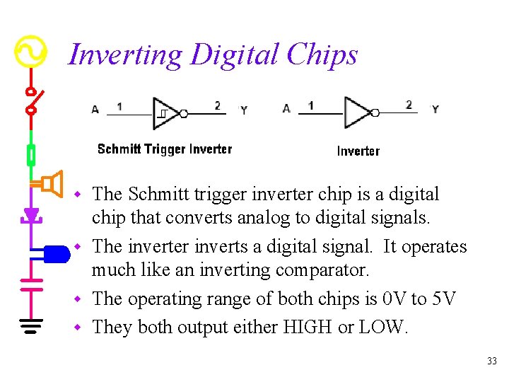 Inverting Digital Chips The Schmitt trigger inverter chip is a digital chip that converts