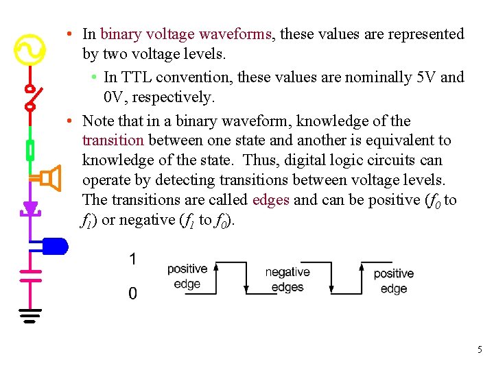  • In binary voltage waveforms, these values are represented by two voltage levels.