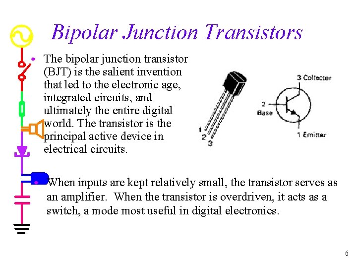 Bipolar Junction Transistors w w The bipolar junction transistor (BJT) is the salient invention