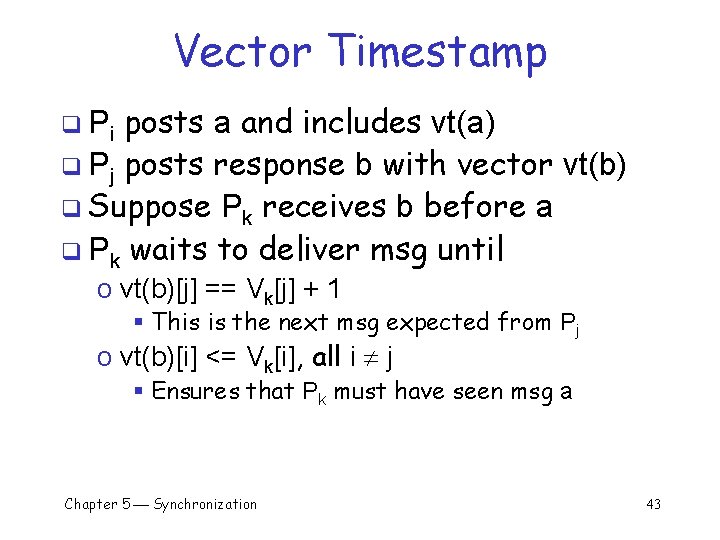 Vector Timestamp posts a and includes vt(a) q Pj posts response b with vector