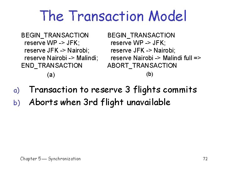 The Transaction Model BEGIN_TRANSACTION reserve WP -> JFK; reserve JFK -> Nairobi; reserve Nairobi