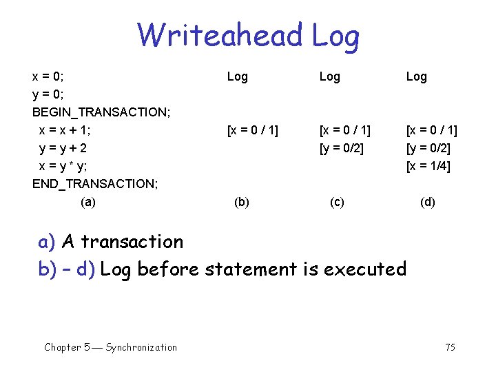 Writeahead Log x = 0; y = 0; BEGIN_TRANSACTION; x = x + 1;
