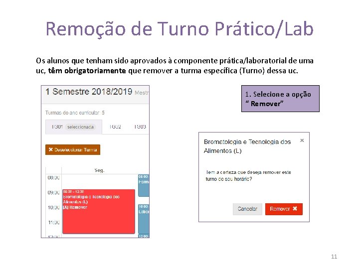 Remoção de Turno Prático/Lab Os alunos que tenham sido aprovados à componente prática/laboratorial de