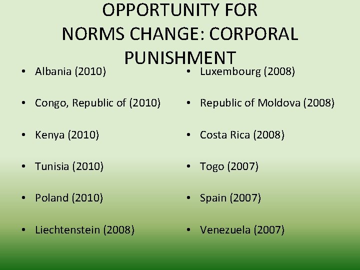 OPPORTUNITY FOR NORMS CHANGE: CORPORAL PUNISHMENT • Albania (2010) • Luxembourg (2008) • Congo,