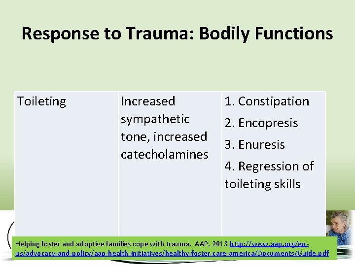 Response to Trauma: Bodily Functions Toileting Increased sympathetic tone, increased catecholamines 1. Constipation 2.