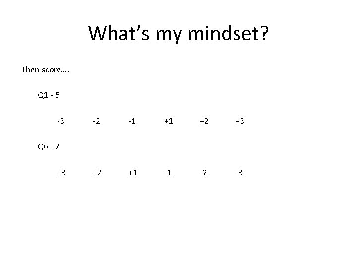What’s my mindset? Then score…. Q 1 - 5 -3 -2 -1 +1 +2