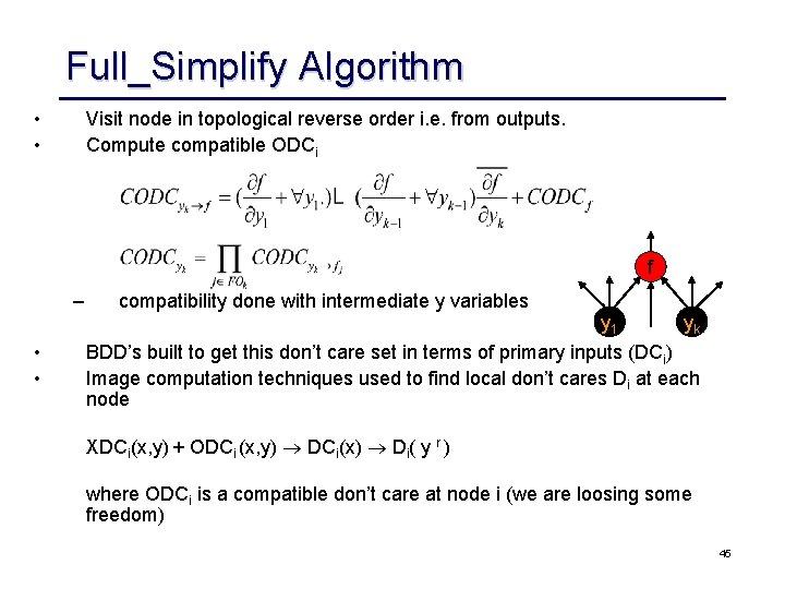 Full_Simplify Algorithm • • Visit node in topological reverse order i. e. from outputs.