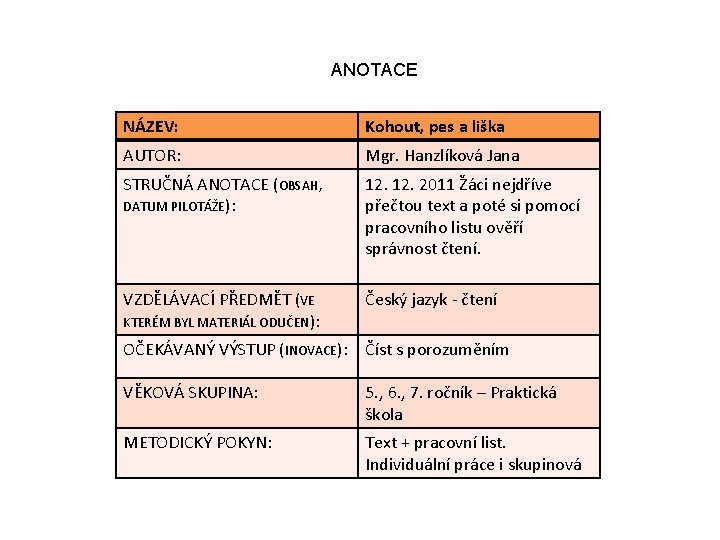 ANOTACE NÁZEV: Kohout, pes a liška AUTOR: Mgr. Hanzlíková Jana STRUČNÁ ANOTACE (OBSAH, DATUM