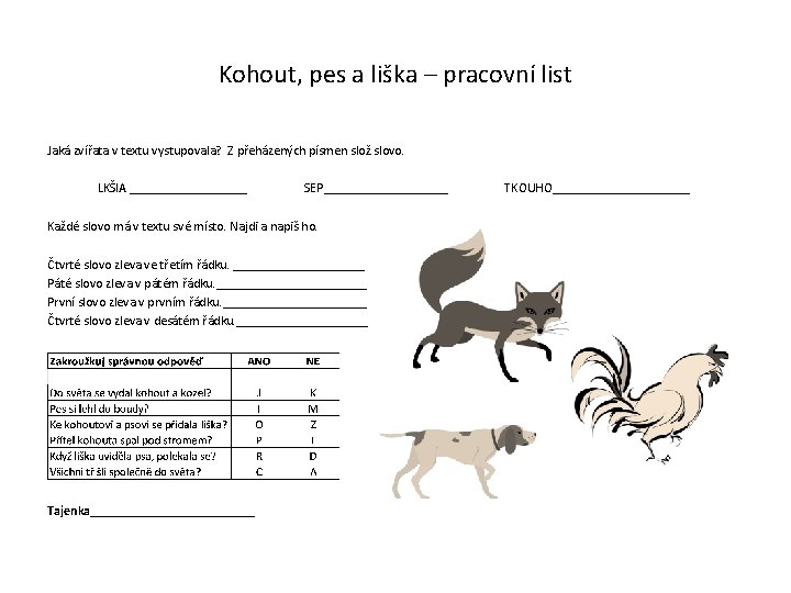 Kohout, pes a liška – pracovní list Jaká zvířata v textu vystupovala? Z přeházených