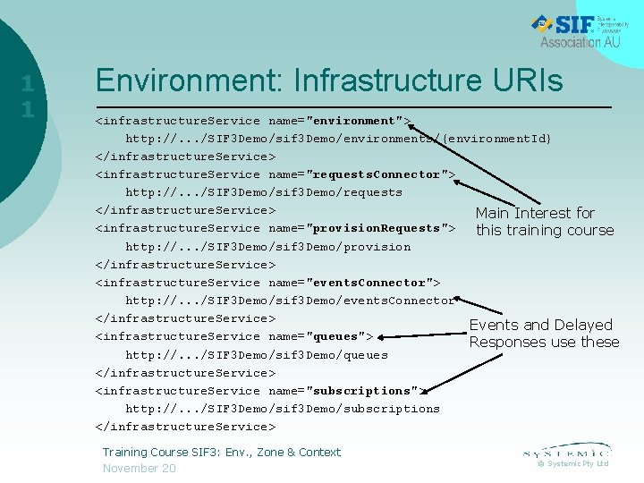 1 1 Environment: Infrastructure URIs <infrastructure. Service name="environment"> http: //. . . /SIF 3