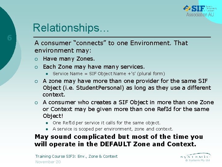 6 Relationships… A consumer “connects” to one Environment. That environment may: ¡ ¡ Have