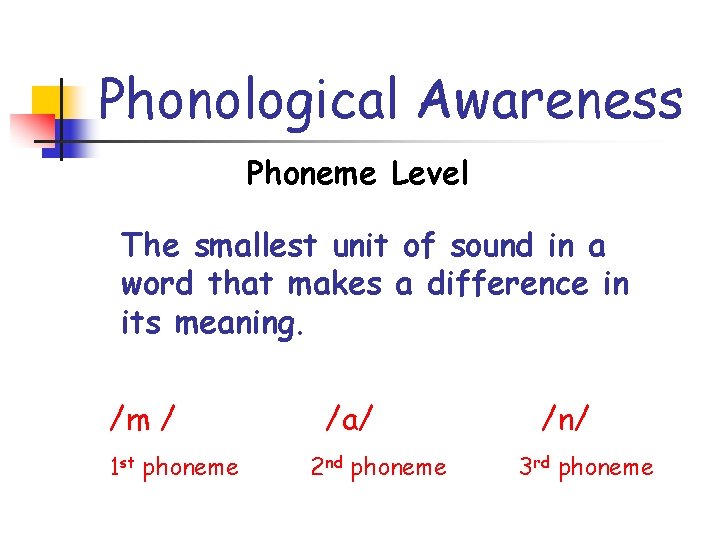 Phonological Awareness Phoneme Level The smallest unit of sound in a word that makes