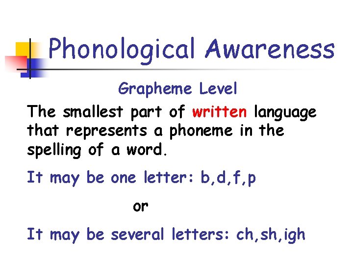 Phonological Awareness Grapheme Level The smallest part of written language that represents a phoneme