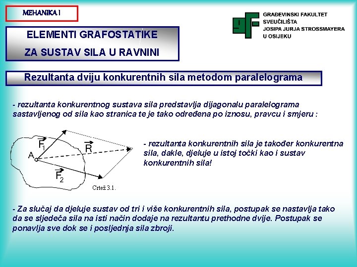 MEHANIKA I ELEMENTI GRAFOSTATIKE ZA SUSTAV SILA U RAVNINI Rezultanta dviju konkurentnih sila metodom